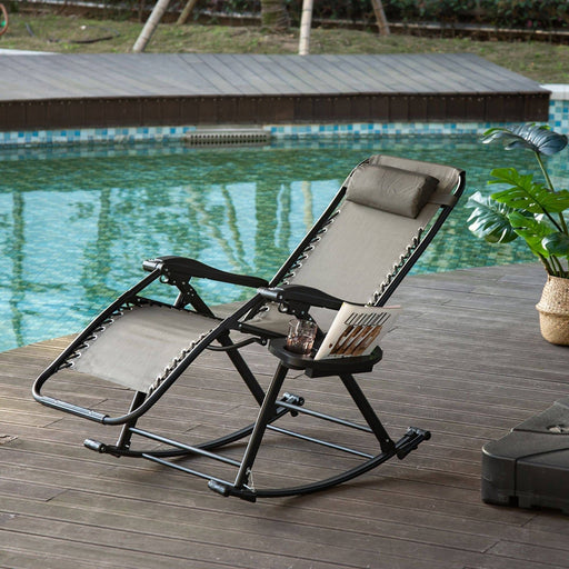 Folding Recliner Rocking Sun Lounger Chair with Cup Holder Tray - Grey - Outsunny - Green4Life