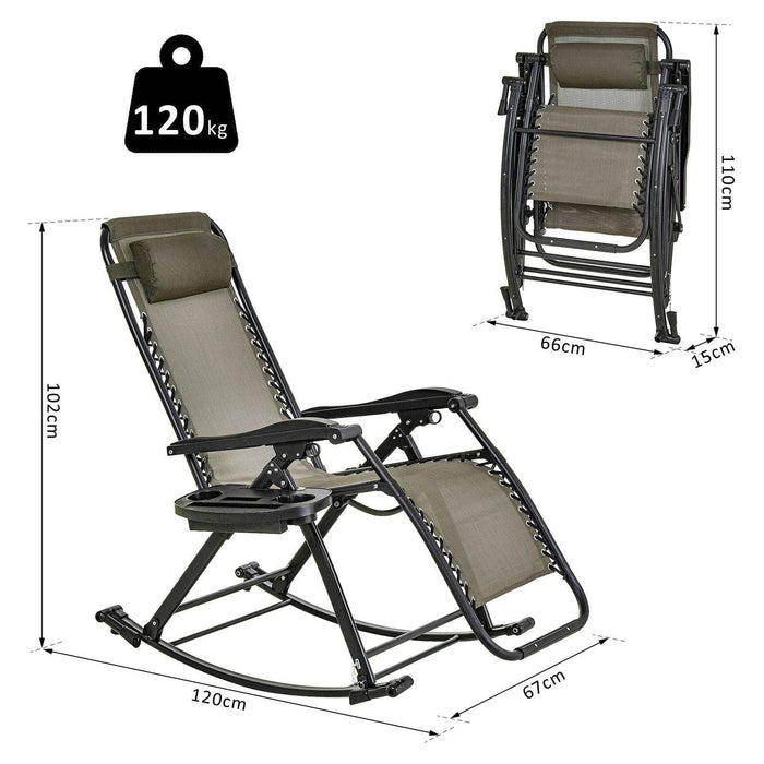 Folding Recliner Rocking Sun Lounger Chair with Cup Holder Tray - Grey - Outsunny - Green4Life