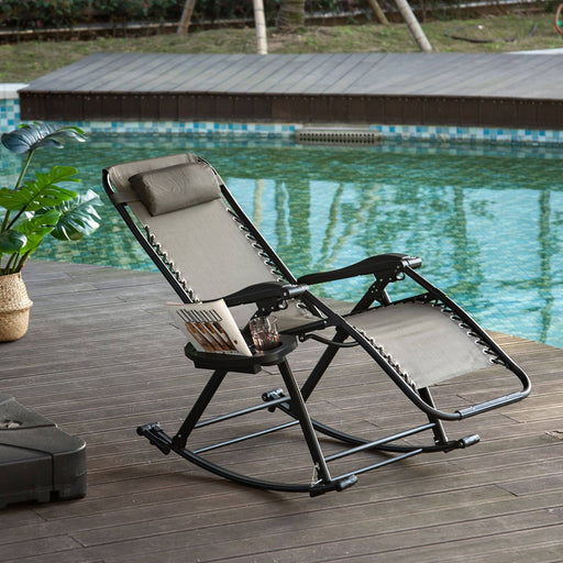 Folding Recliner Rocking Sun Lounger Chair with Cup Holder Tray - Grey - Outsunny - Green4Life