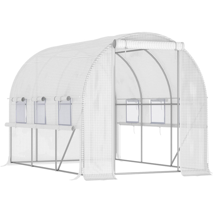 Outsunny 3 x 2 x 2m Walk-in Greenhouse with Zippered Roll Up Door and 6 Mesh Windows - White - Green4Life