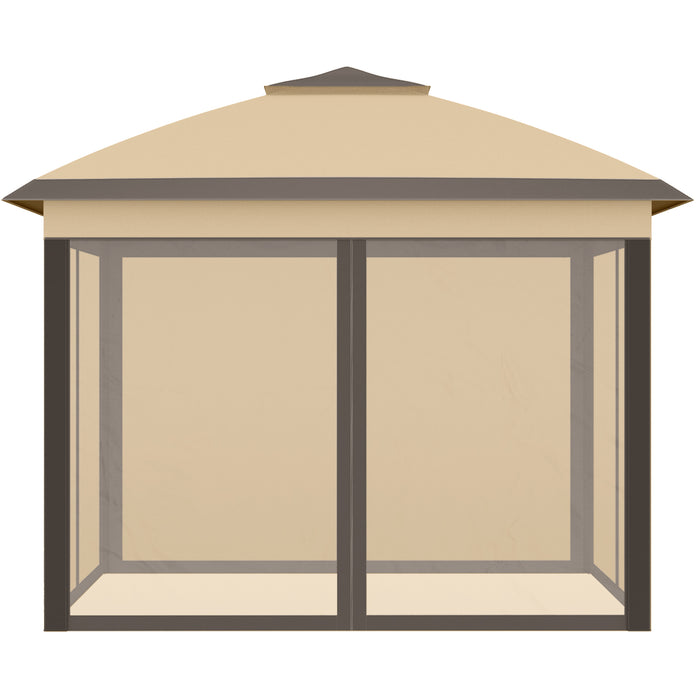 11 x 11 ft (3.35 x 3.35m) Adjustable Double-Roof Gazebo with Mesh Sidewalls - Beige - Outsunny