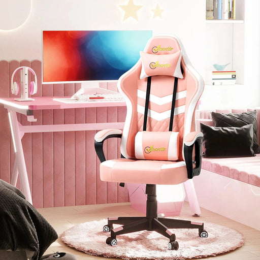 Vinsetto PVC Leather Gaming Desk Chair with Lumbar Support and Headrest - Pink/White - Green4Life