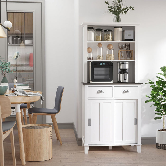 Freestanding Kitchen Cupboard with Sliding Doors and Open Shelves, Adjustable Shelving - White - Green4Life