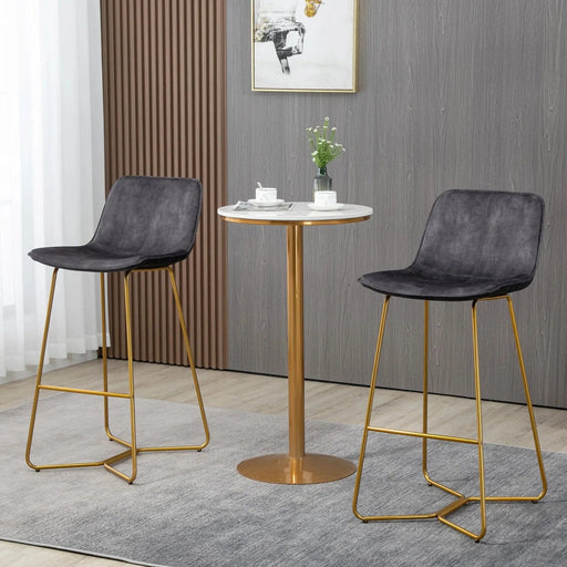 Set of 2 Velvet-Touch Fabric Bar Stools with Gold-Tone Metal Legs & Footrest - Grey - Green4Life