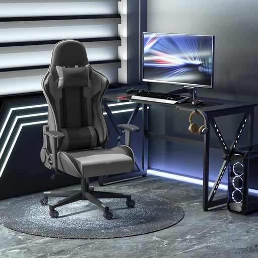 High Back Gaming Chair, PU Leather with Head Pillow and Lumbar Support - Black - Green4Life