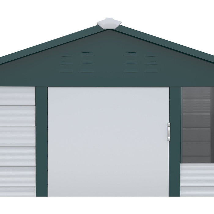 Outsunny 9FT x 6FT Galvanizsed Metal Garden Shed with Sloped Roof, Lockable Door - White/Green - Green4Life