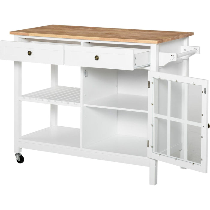 Modern Kitchen Island on Wheels with 2 Drawers, Cabinet, Towel Rack & Rubber Wood Top - White - Green4Life