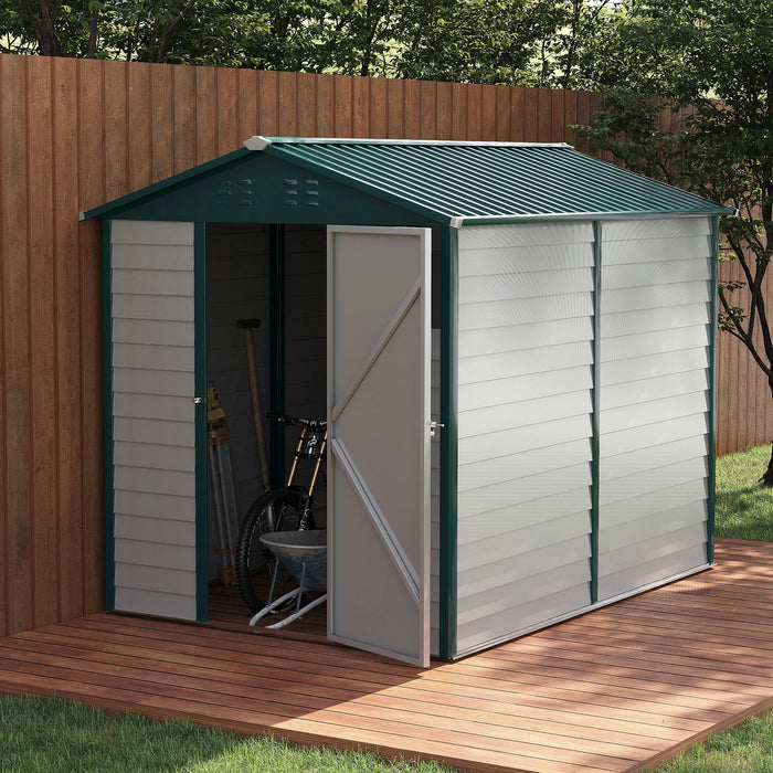 9 x 6 ft (193W x 271L cm) Galvanised Metal Garden Shed with Sloped Roof, Lockable Door - White/Green - Outsunny