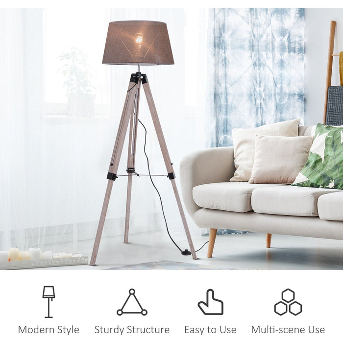 Free Standing Tripod Floor Lamp - Pine Wood & Grey Linen - Green4Life