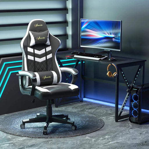 Vinsetto PVC Leather Racing Gaming Chair with Lumbar Support and Headrest - Black/White - Green4Life