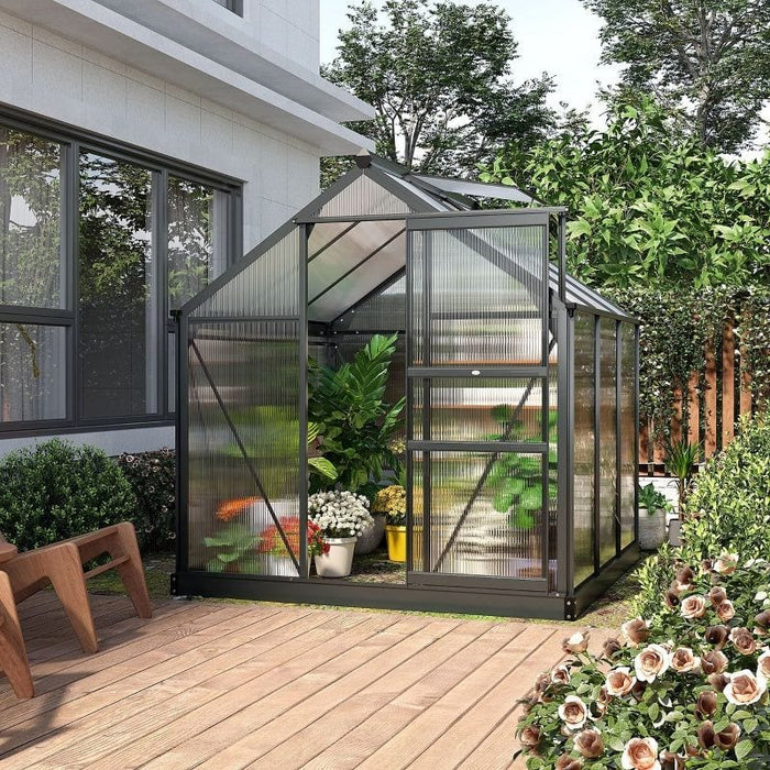 Outsunny 6 x 6 ft Walk-In Polycarbonate Greenhouse with Sliding Door, Galvanised Base & Aluminium Frame - Grey - Green4Life