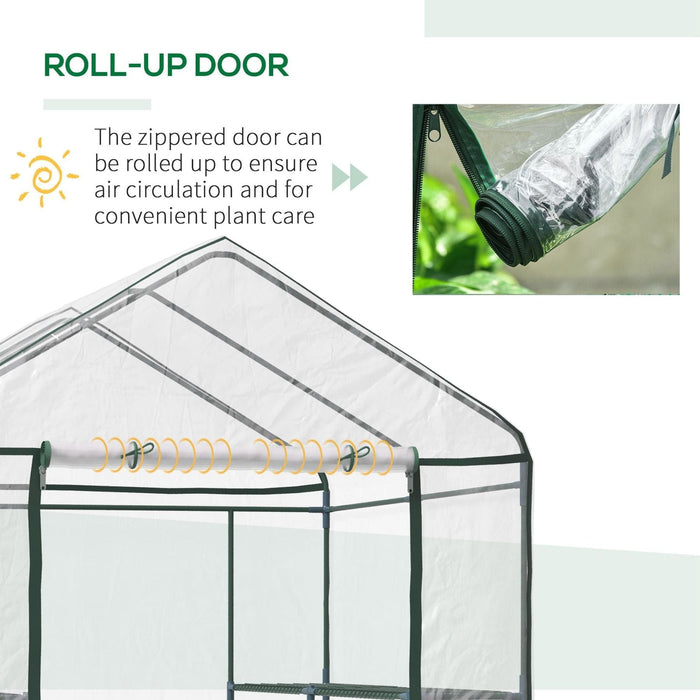 Outsunny 143 L x 143W x 195H (cm) Walk-In Greenhouse with 3 Tiers &  8 Shelves, Metal Frame, PVC Film - Transparent - Green4Life