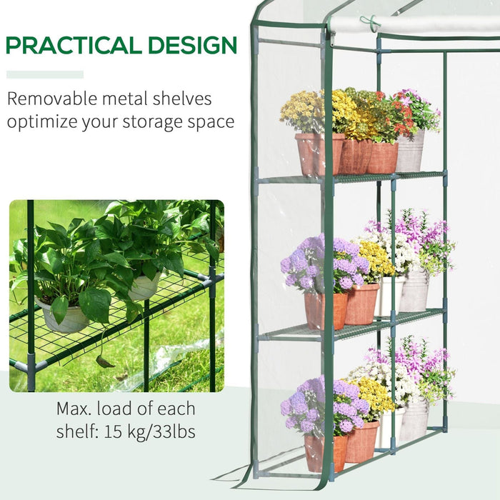 Outsunny 143 L x 143W x 195H (cm) Walk-In Greenhouse with 3 Tiers &  8 Shelves, Metal Frame, PVC Film - Transparent - Green4Life