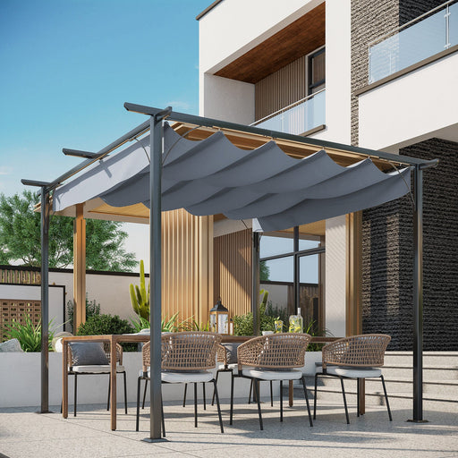 3 x 3 m Contemporary Metal Pergola with Grey Retractable Canopy - Outsunny - Green4Life