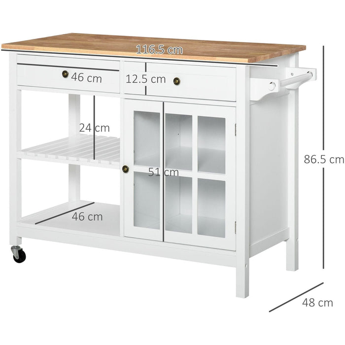 Modern Kitchen Island on Wheels with 2 Drawers, Cabinet, Towel Rack & Rubber Wood Top - White - Green4Life