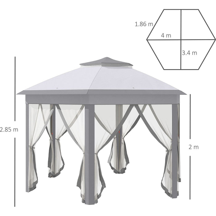 Outsunny Grey 4x4m Pop Up Hexagon Gazebo with Double Roof and Netting - Green4Life