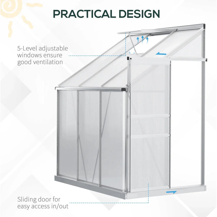 Outsunny 6 x 4ft Lean to Wall Polycarbonate Greenhouse with Aluminium Frame, Roof Vent and Sliding Door - Clear - Green4Life