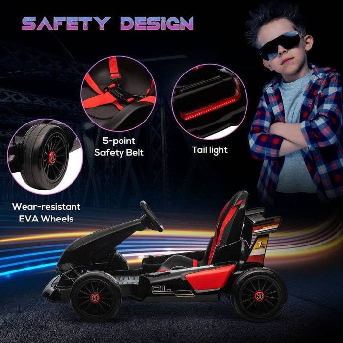 Kids Electric Go Kart with Adjustable Footrest, Reversing Steering Wheel, 12V Rechargeable Battery - Black - Green4Life