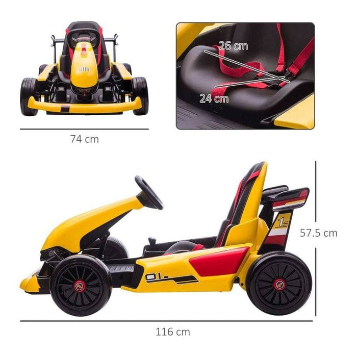 Kids Electric Go Kart with Adjustable Footrest, Reversing Steering Wheel, 12V Rechargeable Battery - Yellow - Green4Life