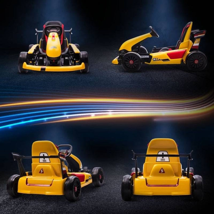 Kids Electric Go Kart with Adjustable Footrest, Reversing Steering Wheel, 12V Rechargeable Battery - Yellow - Green4Life