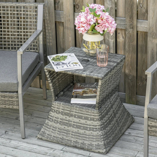 Outsunny Shade & Store Grey Rattan Coffee Table with Umbrella Hole and Storage - Green4Life