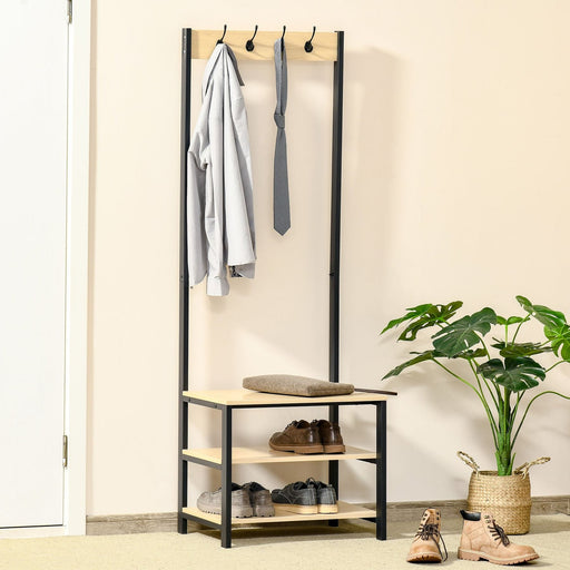4 Hooks Freestanding Wooden Hallway Rack with Shelves - 60L x 40W x 175H (cm) - Green4Life