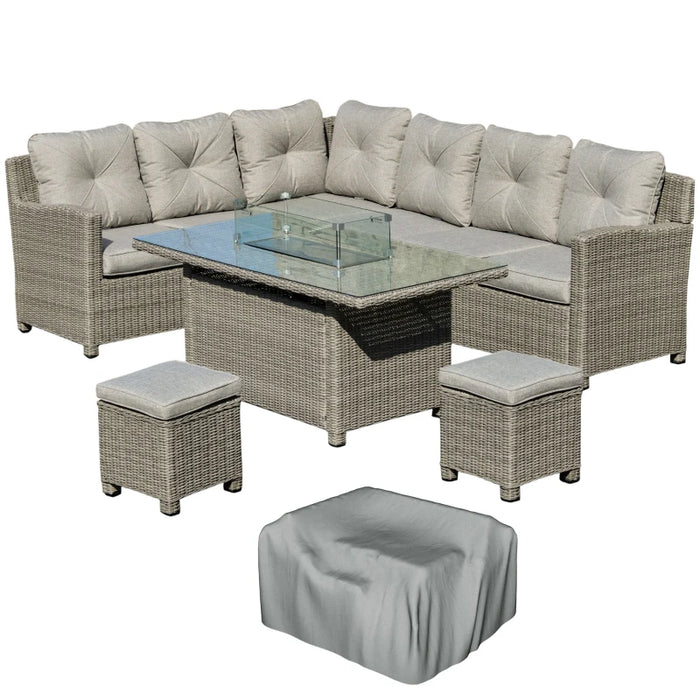 8-Seater Rattan Lounge Set with Fire Pit - L-Shaped Sofa, Footrest, and Durable Covers - Outsunny