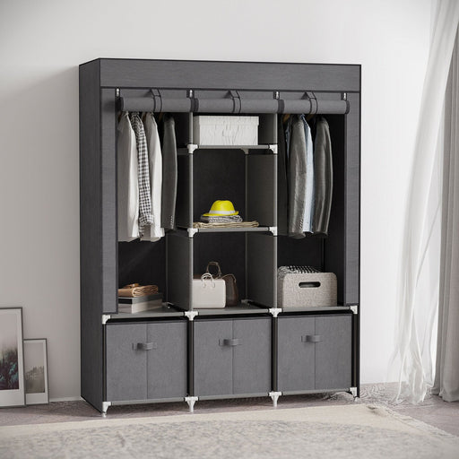 Fabric Wardrobe with 5 Shelves, 2 Hanging Rails and 3 Fabric Drawers - Dark Grey - Green4Life