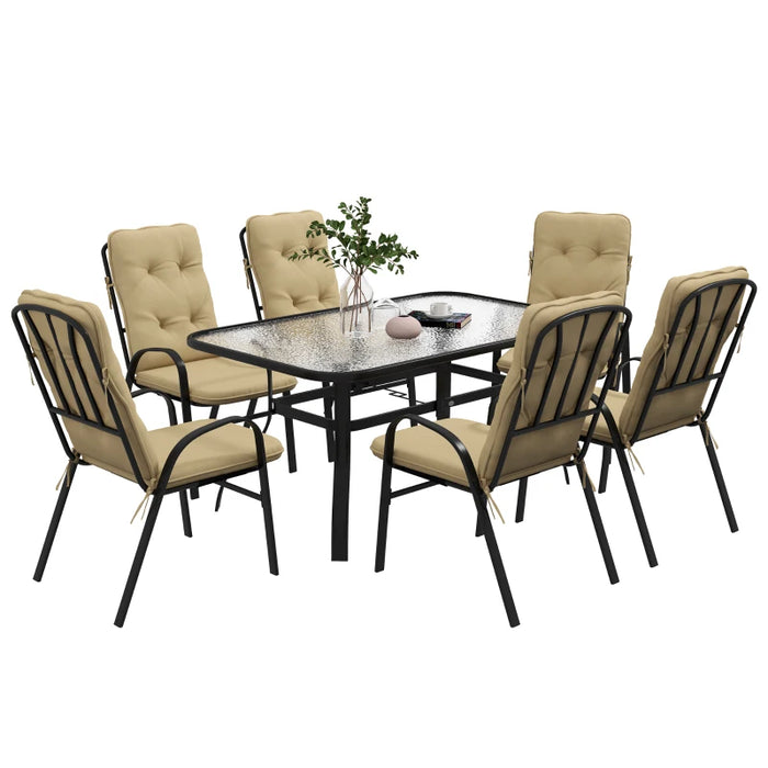 Luxe Outdoor Dining Ensemble - 7-Piece Set with Cushioned Armchairs & Glass Top Table - Beige - Outsunny