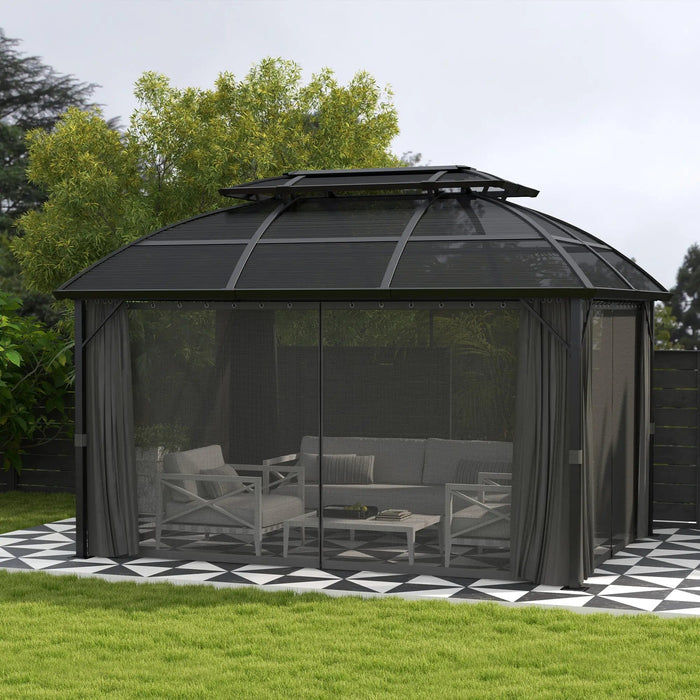 13 x 10 ft (4 x 3m) Luxury Black Polycarbonate Gazebo with Aluminium Frame, Double Roof, Curtains, and Netting - Outsunny - Green4Life