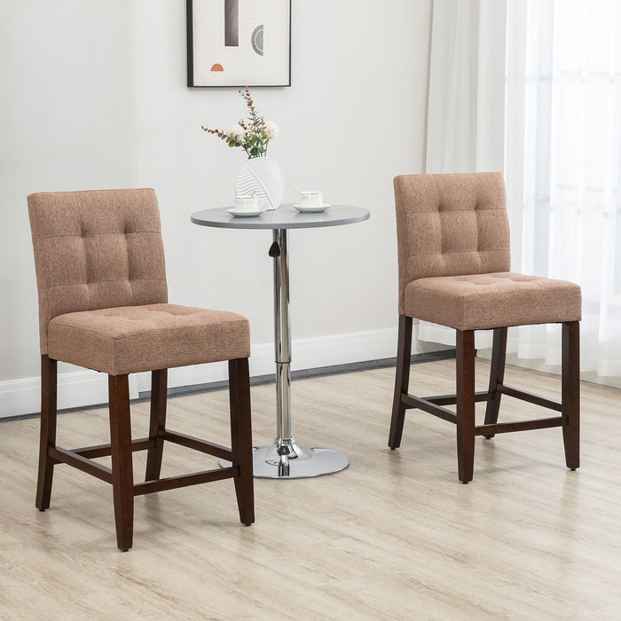 Set of 2 Fabric Upholstered Bar Chairs with Tufted Back, Thick Padding & Wooden Legs - Brown - Green4Life