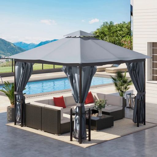 Outsunny 4 x 3.35(m) Gazebo with 2 Tier Roof, Netting and Curtains, Steel Frame - Grey - Green4Life