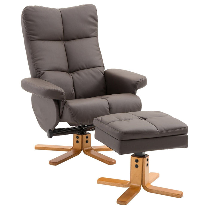 Faux Leather Swivel Recliner Chair with Footstool, Wooden Base and Storage - Brown - Green4Life