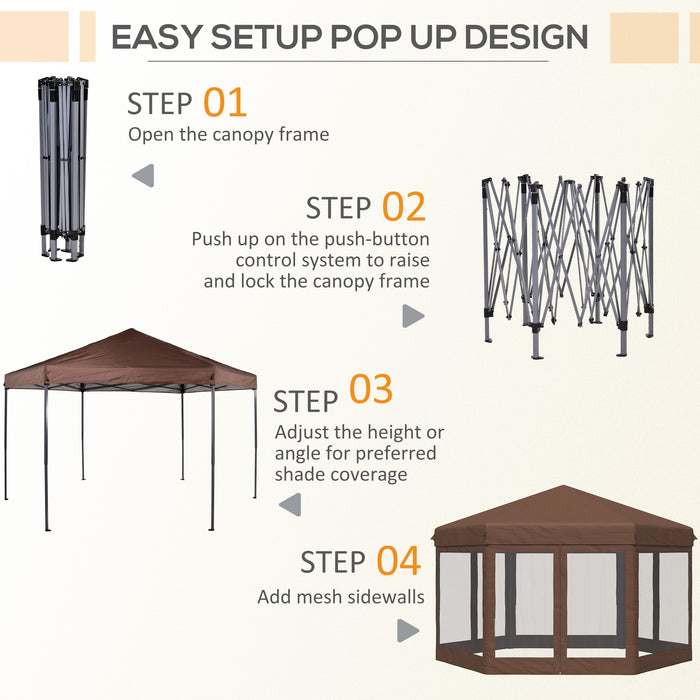 11 x 10 ft (3.5 x 3m) Hexagonal Gazebo with Adjustable Height and Mosquito Netting - Brown - Outsunny