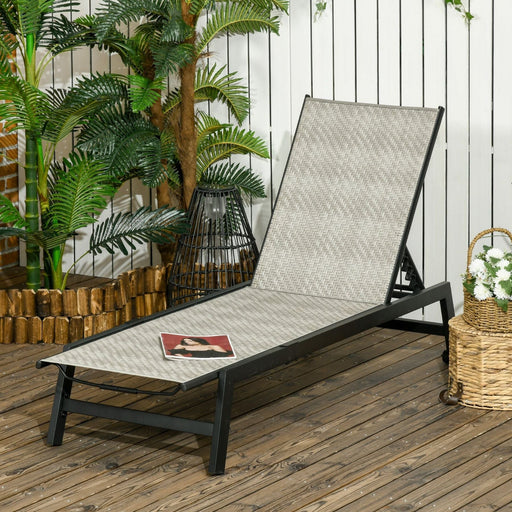 Outsunny Outdoor PE Rattan Sun Lounger with 5-Position Backrest and Wheels for Garden and Poolside Relaxation - Grey/Black - Green4Life