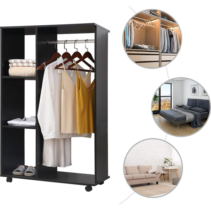 Open Wardrobe with Hanging Rail, Storage Shelves & Wheels - Black - Green4Life