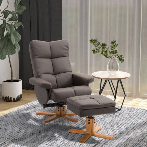 Faux Leather Swivel Recliner Chair with Footstool, Wooden Base and Storage - Brown - Green4Life