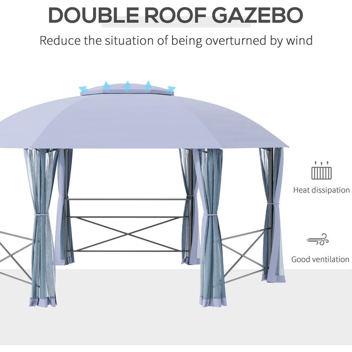 Outsunny 4x4.7m Grey Hexagonal Patio Gazebo with 2-Tier Roof and Netting - Green4Life