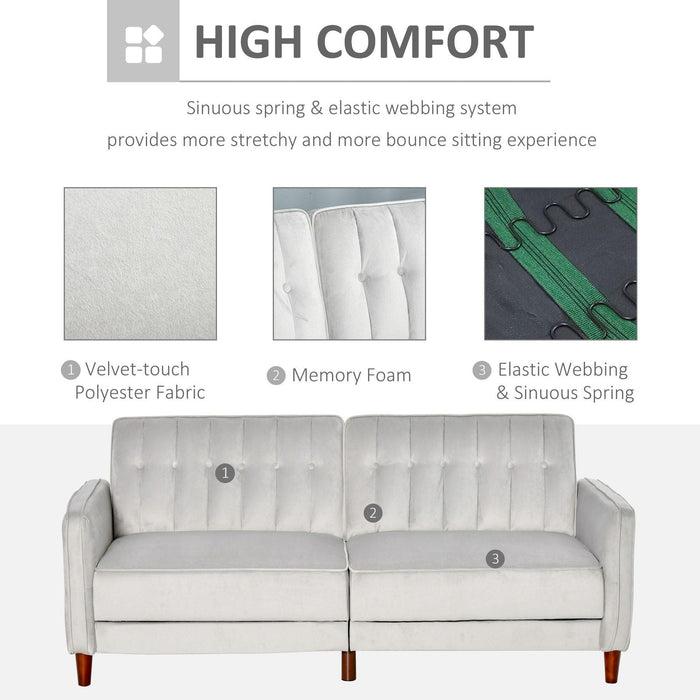 Velvet-Touch Tufted Convertible Sofa Bed with Adjustable Split Back - Light Grey - Green4Life