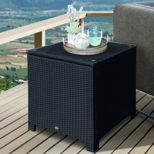 Outsunny Rattan Side Table with Tempered Glass Top - Black - Green4Life