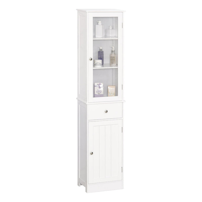 kleankin Bathroom Storage Cabinet with 3-tier Shelf, Drawer and Cupboard, Tall Slim Organiser Shelves - White - Green4Life