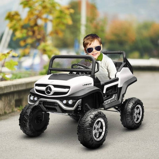 Mercedes-Benz Licensed Unimog Kids Electric Ride On Car with 12V Rechargeable Battery, Suspension Wheels, Horn, Lights and Music - White - Green4Life