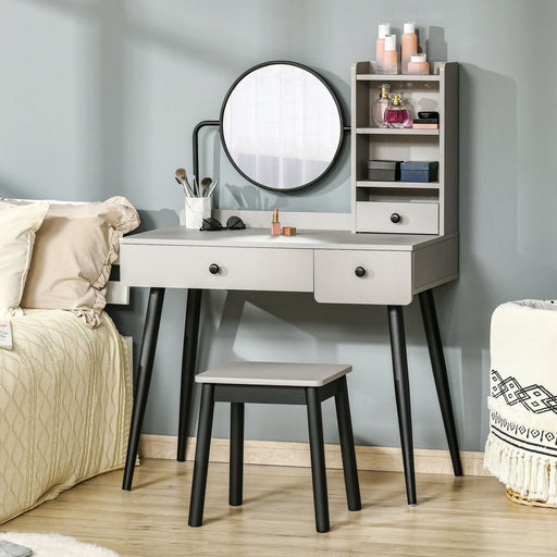 Dressing Table Set with Mirror, Stool, Drawers & Open Shelves - Grey - Green4Life