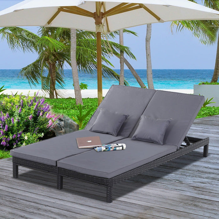 Outsunny Companion 2-Seater Double Recliner Rattan Sun Lounger - Grey/Black - Green4Life