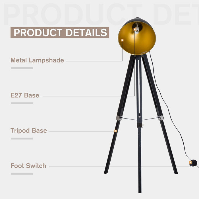 Industrial Style Floor Lamp with Wooden Tripod Legs - Black & Gold - Green4Life