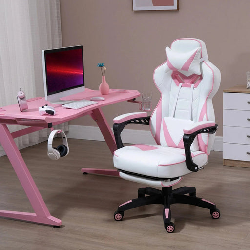 Vinsetto PU Leather Gaming Chair with Footrest and Headrest - Pink/White - Green4Life