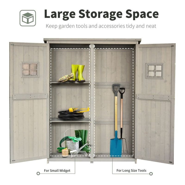 Outsunny 127.5L x 50W x 164Hcm Wooden Garden Storage Shed with Shelves & Two Windows - Grey - Green4Life