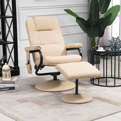 Reclining Massage Armchair with PU Leather Upholstery & Footstool - Cream - Green4Life