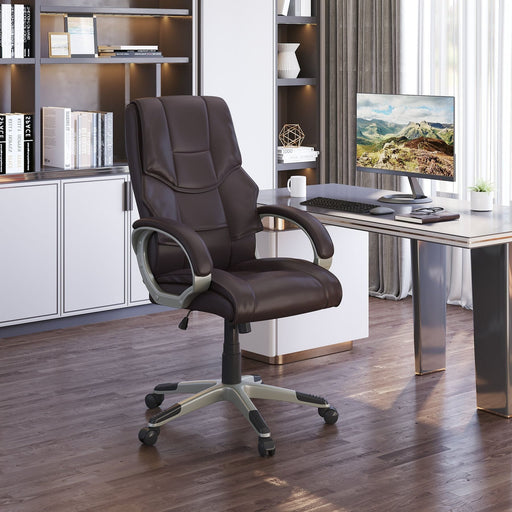 High Back Swivel Office Chair with Faux Leather Upholstery, Adjustable Height & Reclining Function - Brown - Green4Life