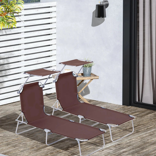 Outsunny Sun Canopy Duo - 2-Piece Outdoor Foldable Sun Lounger Set with Adjustable Backrest - Brown - Green4Life